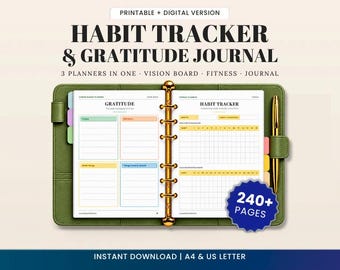 Op de afbeelding: Een groene ringbandplanner met een dankbaarheidsdagboek en gewoonte-tracker, voorzien van goudkleurige ringen en een gouden pen. De pagina's bevatten secties voor dagelijkse dankbaarheid en roosters. Een blauwe badge geeft aan dat er 240+ pagina's zijn.
