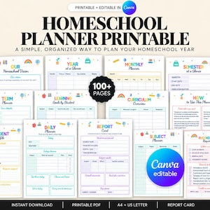 May include: A digital homeschool planner printable set featuring over 100 pages with colorful headers and icons. The pages include sections for student profiles, daily planners, report cards, and curriculum overviews, all editable in Canva.