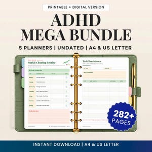 May include: An ADHD Mega Bundle digital planner set featuring 5 undated planners in A4 and US Letter sizes. The open sage green binder displays a Weekly Cleaning Routine and Task Breakdown page with gold rings, a gold pen, and a 282+ pages badge.