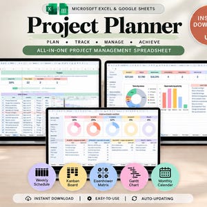 Peut inclure: Un tableur de planification de projet numérique pour Microsoft Excel et Google Sheets affiché sur trois écrans d'ordinateur portable. L'interface comprend des listes de tâches, des suivis budgétaires, des graphiques et une matrice d'Eisenhower. Cinq icônes circulaires présentent un planning hebdomadaire, un tableau Kanban, une matrice d'Eisenhower, un diagramme de Gantt et un calendrier mensuel.