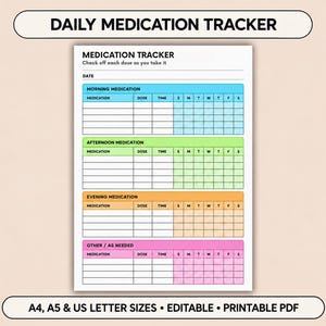 May include: A daily medication tracker printable sheet featuring sections for morning, afternoon, evening, and other medications. Each section includes columns for medication name, dose, time, and a weekly grid labeled S, M, T, W, T, F, S.