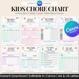May include: A set of eight printable kids chore charts with colorful headers and icons. The pages include weekly, daily, morning, and bedtime routine charts, a family chore chart, a reward chart, a chores by age guide, and a blank chart template.