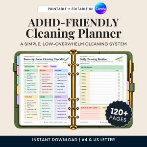 May include: An open green ring-bound planner featuring a Room-by-Room Cleaning Checklist and a Daily Cleaning Routine. The pages include colorful sections for tasks, and a black badge indicates 120+ pages. Text reads ADHD-FRIENDLY Cleaning Planner.