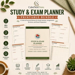以下が含まれることがあります： Study & Exam Plannerの印刷可能なバンドル。中央のブックカバーには本の積み重ねのアイコンがあり、デイリー学習プランナー、試験準備プラン、課題ページ、時間割などの様々な計画ページが周囲に配置されています。