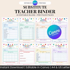 May include: A digital substitute teacher binder template set featuring 20 editable and printable pages. The layout includes sections for sub information, daily schedules, lesson plans, class rosters, seating charts, emergency procedures, and attendance.