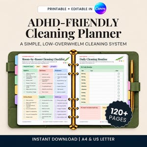 ADHD Cleaning Planner Printable, Cleaning Schedule, Cleaning Checklist, Declutter Guide, Chore Chart, Editable Canva