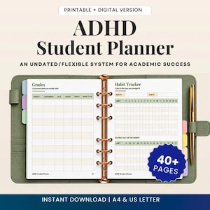 Puede incluir: Una agenda para estudiantes con TDAH de color verde salvia con encuadernación de anillas y un bolígrafo dorado. Las páginas abiertas muestran una tabla de notas y un rastreador de hábitos. Un distintivo azul indica 40+ páginas.