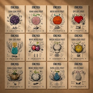 Puede incluir: Una colección de doce pósteres de frutas del diablo de One Piece sobre papel color canela. Cada lámina presenta una ilustración detallada de una fruta específica, su nombre, objetos asociados a personajes y texto descriptivo en estilo catálogo.