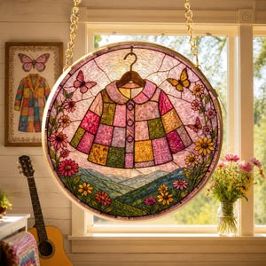 Può includere: Un acchiappasole circolare in vetro colorato raffigurante una giacca patchwork multicolore appesa a una gruccia. Il design include farfalle, vari fiori e un paesaggio collinare nei toni del rosa, giallo, verde e viola.