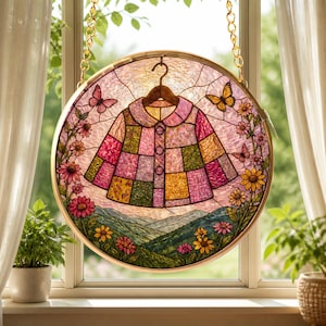 May include: A circular stained glass suncatcher featuring a patchwork-style jacket hanging on a hanger in the center. The design includes pink, yellow, and green floral patterns, surrounded by butterflies and flowers over a mountain landscape.