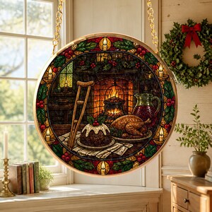 May include: A circular stained glass suncatcher featuring a festive scene with a fireplace, a roasted turkey, a Christmas pudding, and a crutch. The border is decorated with holly leaves, red berries, and lit candles, all suspended by gold chains.