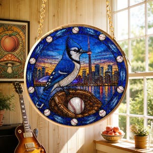 May include: A circular stained glass suncatcher featuring a blue jay perched on a brown baseball glove with a baseball. The background depicts a city skyline with the CN Tower at sunset. The border is decorated with small baseballs and feathers.