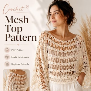 Haakpatroon voor een mesh top in boho-stijl met boothals en kimonomouwen, zomerse gehaakte top, eenvoudig mesh trui patroon.