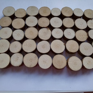 May include: A collection of forty-two small, circular wooden discs arranged in a grid pattern. Each disc features a light tan, natural wood grain surface with visible rings and a smooth, flat top, showcasing the raw texture of the cut wood.