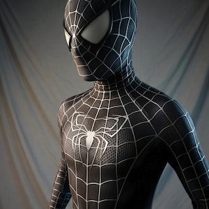 May include: A full-body black suit featuring a silver spider emblem on the chest and a silver web pattern covering the torso, arms, and head. The mask includes white mesh eye lenses, and the fabric displays a textured, honeycomb-like surface detail.