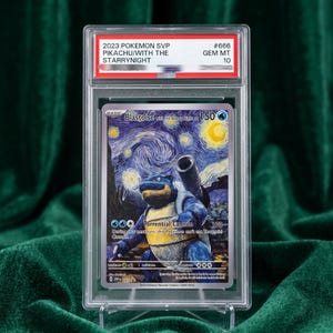 May include: A graded Blastoise trading card in a clear plastic slab. The card features a blue Blastoise character with cannons, set against a swirling starry night background. The label at the top reads 2023 POKEMON SVP PIKACHU/WITH THE STARRY NIGHT #666 GEM MT 10.