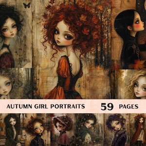 May include: A collection of 59 pages featuring illustrated portraits of girls in autumn settings. The artwork displays various characters with large eyes and detailed hair, set against warm, textured backgrounds with leaves and moonlit scenes.