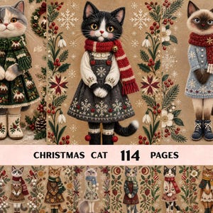 May include: A collection of illustrations featuring anthropomorphic cats dressed in winter clothing, including scarves, dresses, and boots, surrounded by festive botanical patterns. The text CHRISTMAS CAT 114 PAGES is displayed.
