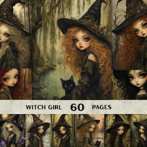 Witch Portrait Printable Art Set of 60, Gothic Fairycore Journal Pages, Dark Academia Halloween Digital Download, Whimsical Witchy Prints