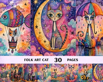 Whimsical Folk Art Illustrations, Cat Journal 30 Pages, Printable Storybook Journal, Unique Cat Lover Gift, Digital Download
