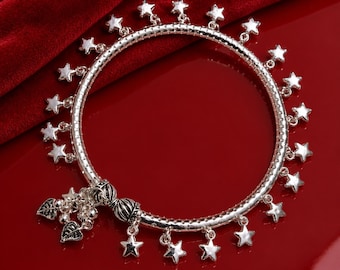 Silver Star Charm Anklet for Women, Vintage Boho Silver Ankle Bracelet, Celestial Star Jewelry, Dailywear Foot Jewelry, Unique Gift for Her
