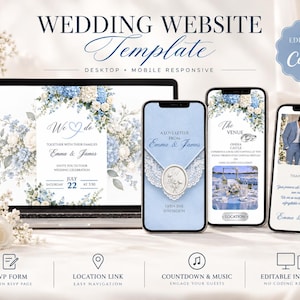 May include: A wedding website template displayed on a laptop and three smartphones, featuring blue and white floral graphics, elegant typography, and text including "Wedding Website Template," "Emma & James," and "Editable in Canva."