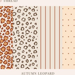 Può includere: Un set di design grafico digitale intitolato FORM & THREAD AUTUMN LEOPARD che presenta quattro motivi distinti: una stampa leopardata densa marrone e beige, un motivo a macchie di leopardo marrone scuro, strisce verticali e un design a pois.