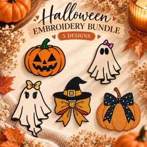 Halloween Machine Embroidery Designs Bundle of 5 | Pumpkin, Ghost, Witch Bow