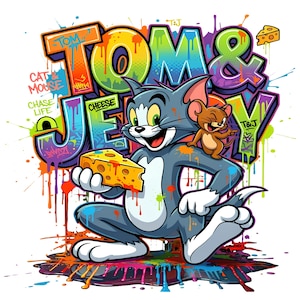 May include: A colorful graphic illustration featuring the cartoon characters Tom and Jerry with a piece of yellow cheese. The background displays graffiti-style text reading TOM & JERRY, CAT & MOUSE, CHASE LIFE, and CHEESE, accented by vibrant paint splatters in orange, blue, green, and purple.