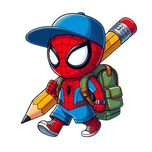 Puede incluir: Un personaje de dibujos animados con un traje rojo y azul con patrón de telaraña, que lleva una gorra azul y zapatillas rojas. El personaje lleva un lápiz amarillo grande en la espalda y una mochila verde con correas y hebillas marrones.