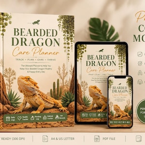 Può includere: Un libro, un tablet e uno smartphone Bearded Dragon Care Planner che mostrano una copertina con un drago barbuto in un paesaggio desertico. Il testo recita: Bearded Dragon Care Planner, Track, Plan, Care, Thrive, The Ultimate Planner to Help You Keep Your Bearded Dragon Healthy & Happy Every Day.