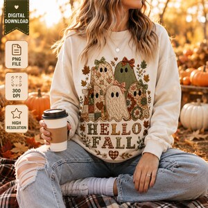 Fantasma patchwork PNG / Pacchetto di fantasmi trapuntati autunnali "Hello Fall" / Design accogliente per sublimazione di Halloween / Maglietta autunnale carina PNG / Download digitale a 300 DPI