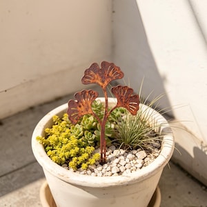 May include: A rust-coloured metal garden stake featuring three ginkgo leaf shapes, positioned upright in a white ceramic planter filled with small white stones, green succulents, and a tuft of thin, spiky ornamental grass.
