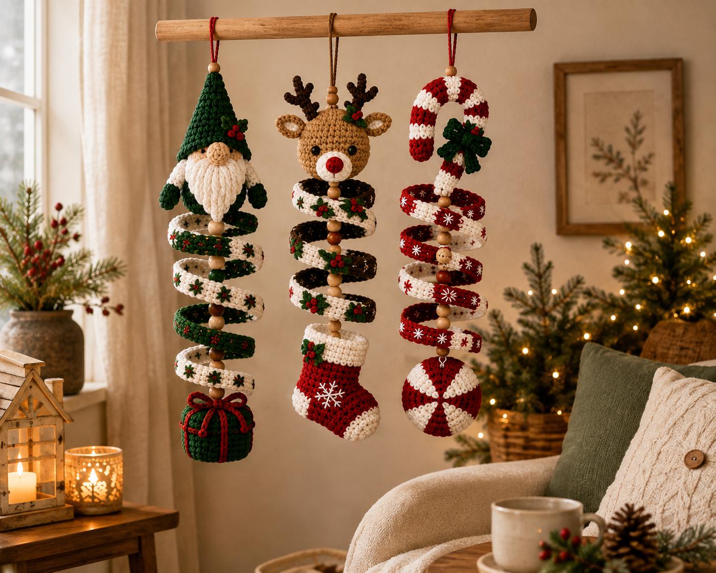 Christmas Crochet Wind Spinner Pattern Bundle PDF, Gnome Reindeer Candy Cane Ornament Crochet Pattern, Amigurumi Holiday Hanging Decor