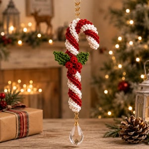 May include: A crocheted candy cane ornament featuring alternating red and white yarn stripes, accented with green crocheted holly leaves and red berries. A gold-toned metal chain attaches to the top, and a clear teardrop crystal hangs below.