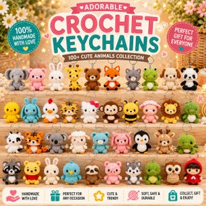 May include: A collection of small, handmade crochet animal keychains arranged on wooden shelves. The display features various creatures including an elephant, bear, fox, frog, panda, tiger, monkey, bee, sheep, lion, penguin, and a small figure in a red hood.
