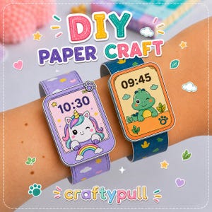 May include: Two DIY paper craft watches featuring colorful designs. One watch has a purple band with a unicorn graphic and displays 10:30. The other watch has a dark blue band with a green dinosaur graphic and displays 09:45. Text reads DIY PAPER CRAFT and craftypull.