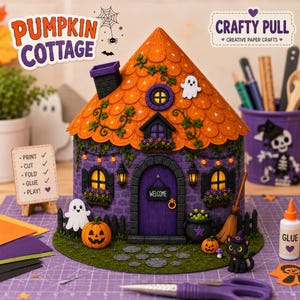 Peut inclure: Une maison en papier Pumpkin Cottage avec un extérieur en briques violettes, un toit orange en écailles et une porte centrale marquée Welcome. La scène inclut un fantôme, une citrouille, un chat noir, un balai et un chaudron, avec le texte Pumpkin Cottage.