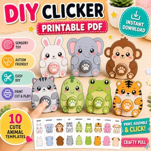 May include: A DIY clicker printable PDF set featuring ten cute animal templates including a bunny, elephant, monkey, cat, dinosaur, frog, tiger, octopus, and chick. Each animal has a central button with a paw print design for sensory play.