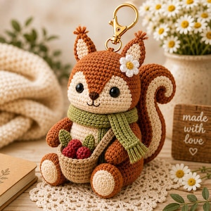 Virkmönster för skogsekorre, Amigurumi-nyckelring i PDF-format, Cottagecore-väskeberlock, Virkmönster för nybörjare, Söt present
