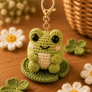 May include: A crochet frog keychain featuring a light green body, a cream-colored belly, and two black bead eyes. The frog sits on a dark green crocheted lily pad and is attached to a gold-toned metal lobster clasp and a small circular ring.