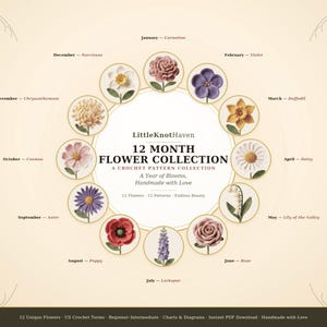 May include: A digital graphic titled LittleKnotHaven 12 Month Flower Collection featuring twelve circular images of crocheted flowers arranged in a circle, each labeled with a month and flower name, including Carnation, Violet, Daffodil, Daisy, Lily of the Valley, Rose, Larkspur, Poppy, Aster, Cosmos, Chrysanthemum, and Narcissus.