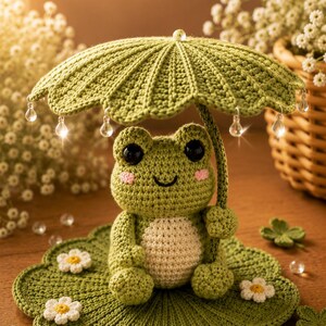 May include: A crocheted green frog figurine sitting on a large green lily pad base decorated with small white flowers. The frog holds a green crocheted umbrella with clear, teardrop-shaped beads hanging from the edges. The frog has black eyes.