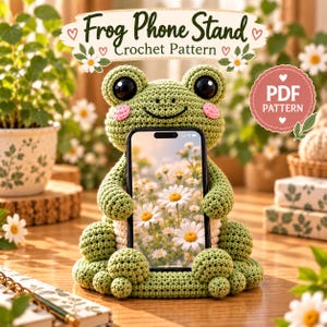 Könnte beinhalten: Ein grüner Häkel-Frosch als Handyhalter, der ein Smartphone mit Gänseblümchen-Hintergrund hält. Der Frosch hat große schwarze Augen, rosa Wangen und ein aufgesticktes Lächeln. Der Text lautet Frog Phone Stand Crochet Pattern und PDF PATTERN.