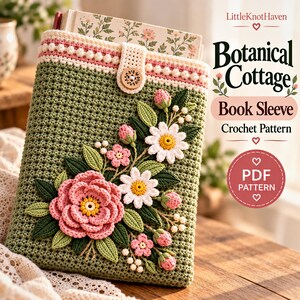 Puede incluir: Una funda de libro de ganchillo en color verde salvia con un patrón de puntos texturizado, cierre de botón de madera y una intrincada aplicación floral de rosas rosas, margaritas blancas y hojas verdes. El texto LittleKnotHaven Botanical Cottage Book Sleeve Crochet Pattern PDF es visible.