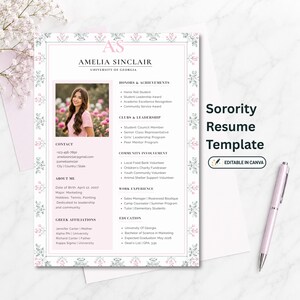 May include: A resume template featuring a floral border, the name Amelia Sinclair, and sections for contact, about me, honors, clubs, community involvement, work experience, and education. It includes a photo placeholder and pink accents.