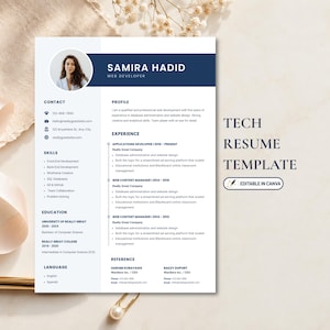 Könnte beinhalten: Eine professionelle Lebenslauf-Vorlage mit einem dunkelblauen Kopfbereich, der den Namen Samira Hadid und den Titel Web Developer enthält. Das Dokument umfasst Abschnitte für Kontakt, Fähigkeiten, Ausbildung, Profil, Erfahrung und Referenzen.