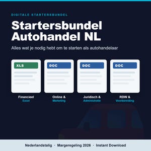 Op de afbeelding: Een digitale startersbundel voor autohandelaren in Nederland, met vier documenticonen gelabeld XLS voor Financieel Excel, en DOC voor Online & Marketing, Juridisch & Administratie, en RDW & Voorbereiding op een donkerblauwe achtergrond.