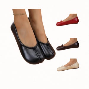 May include: A pair of black split-toe ballet flats with a small bow detail at the vamp. The image also displays three additional variations of the same shoe style in solid red, dark brown, and beige, all featuring a low-profile flat sole.