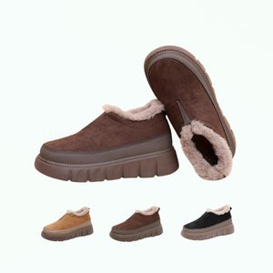 May include: A pair of dark brown suede slip-on shoes with thick, textured rubber soles and beige faux fur lining. Below, three additional pairs are shown in tan, brown, and black, all featuring the same platform sole and fur trim design.